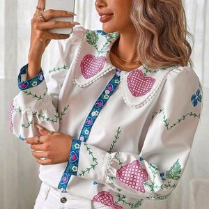 Vintage Peter Pan Collar Puff Sleeve Placement Print Shirt
